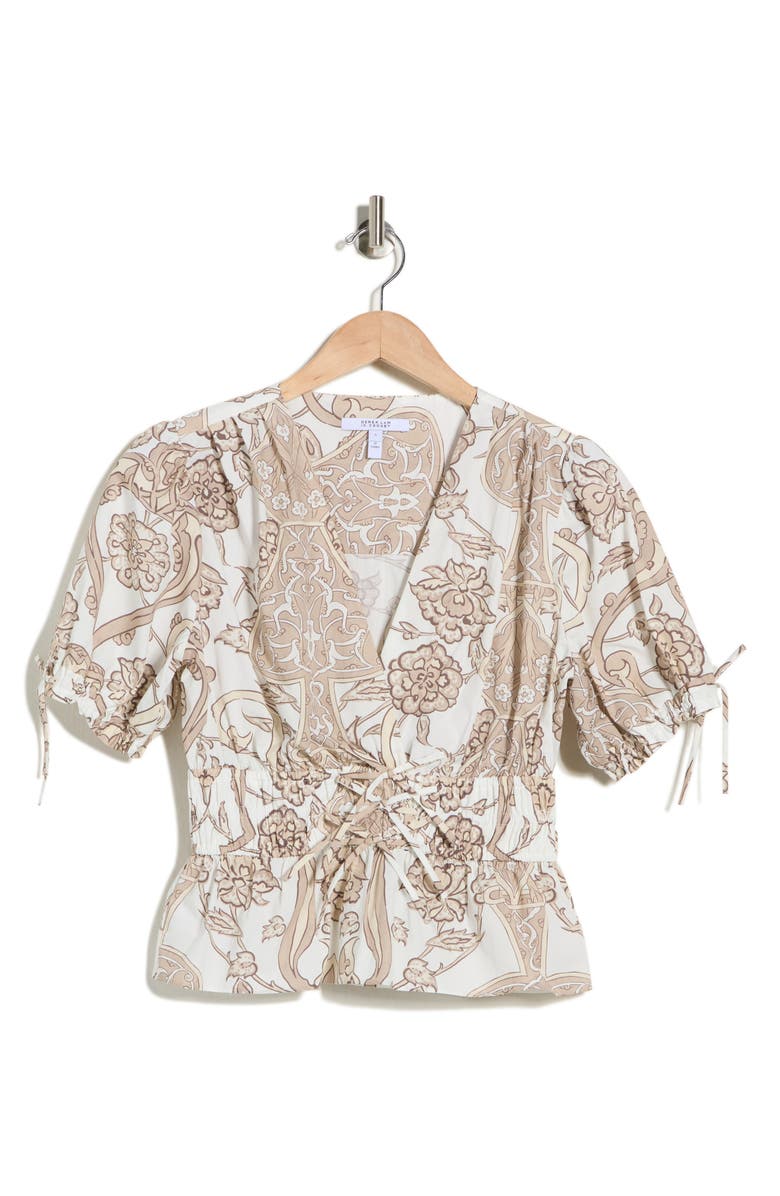 Derek Lam Rhea V-Neck Puff Sleeve Top, Alternate, color, Tan Moroccan