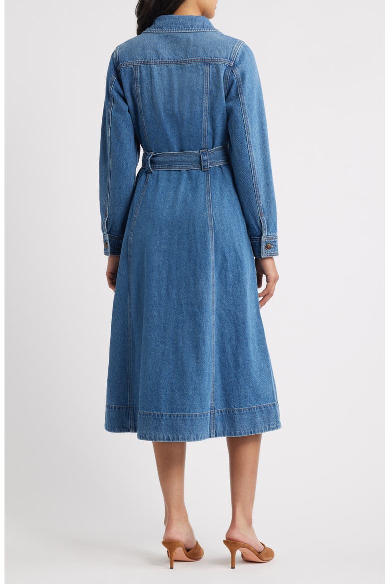 Tie Waist Long Sleeve Denim Maxi Dress, Alternate, color, MID BLUE