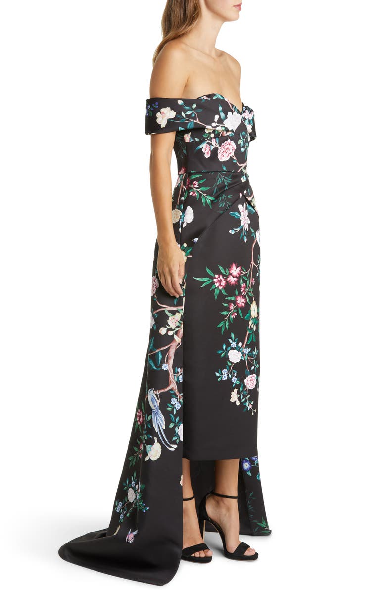 Marchesa Notte Floral Off the Shoulder High-Low Gown, Alternate, color, 