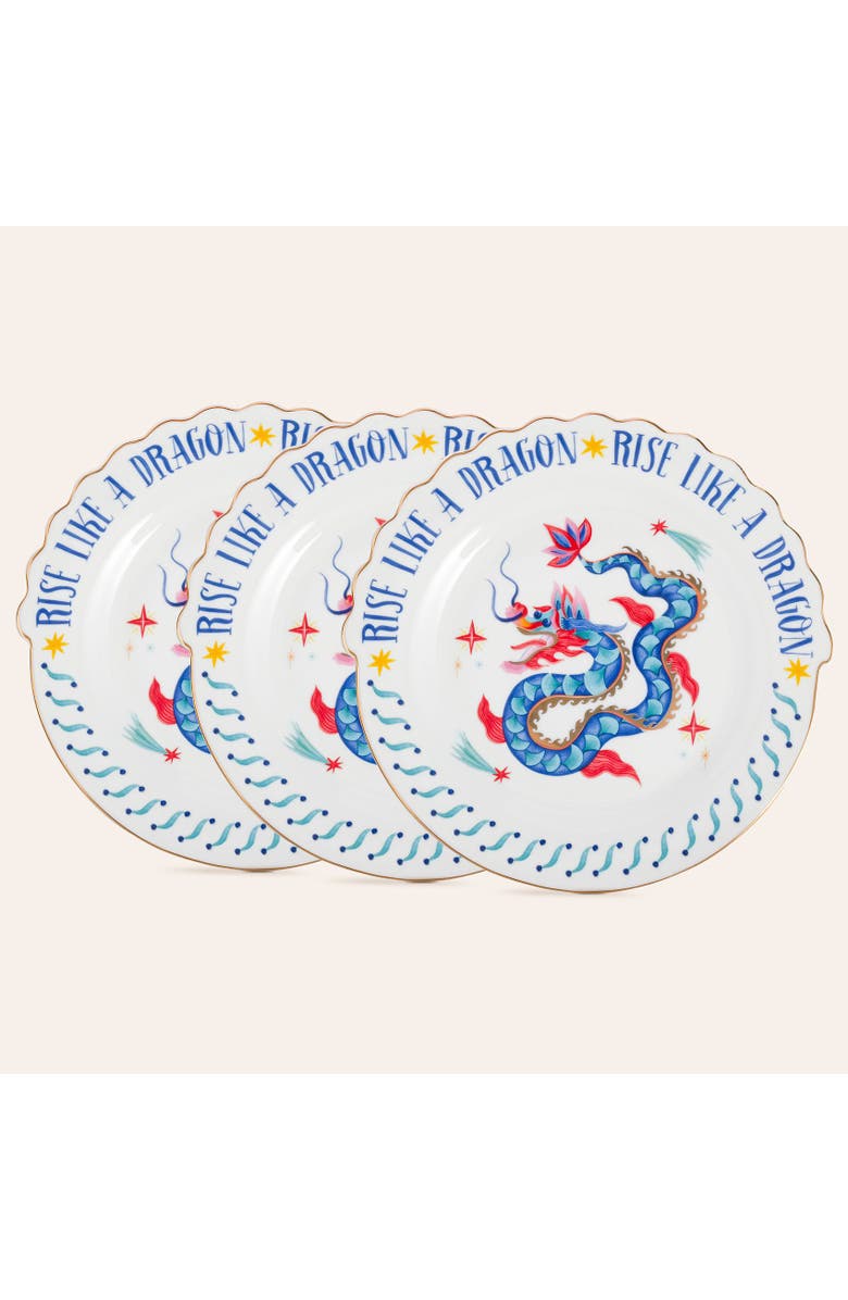Zsa Zsa Zsu Luohu Porcelain Dessert Plate Dragon 8" Set of 3, Main, color, White