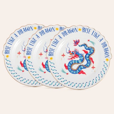 Luohu Porcelain Dessert Plate Dragon 8" Set of 3