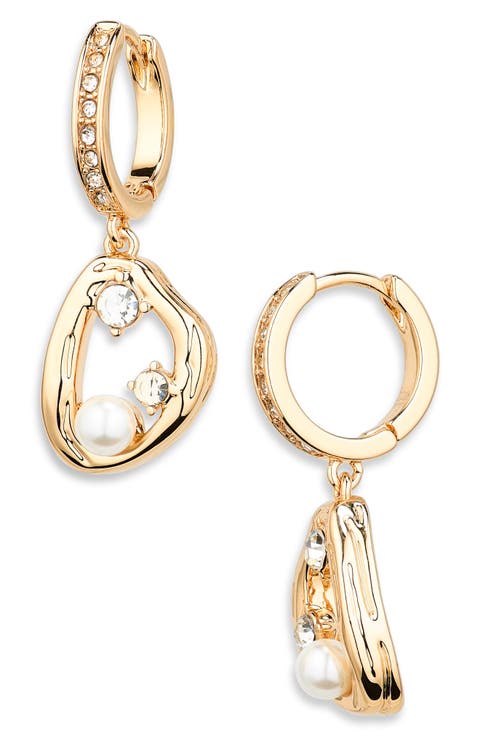 Cubic Zirconia & Faux Pearl Drop Hoop Earrings