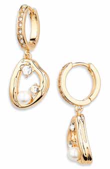 Cubic Zirconia & Faux Pearl Drop Hoop Earrings