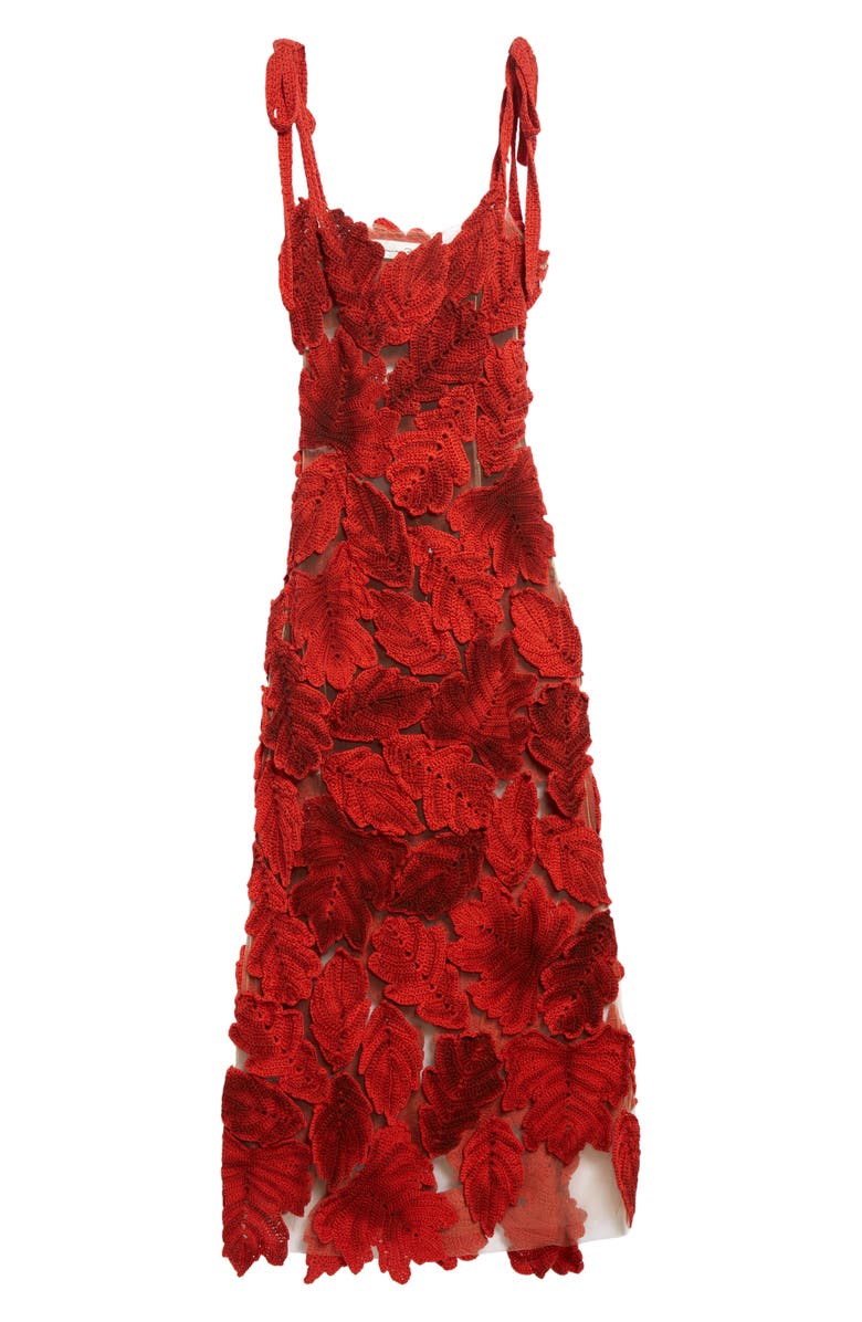 Oscar de la Renta Leaf Appliqué Shoulder Tie Crochet & Tulle Dress, Alternate, color, 
