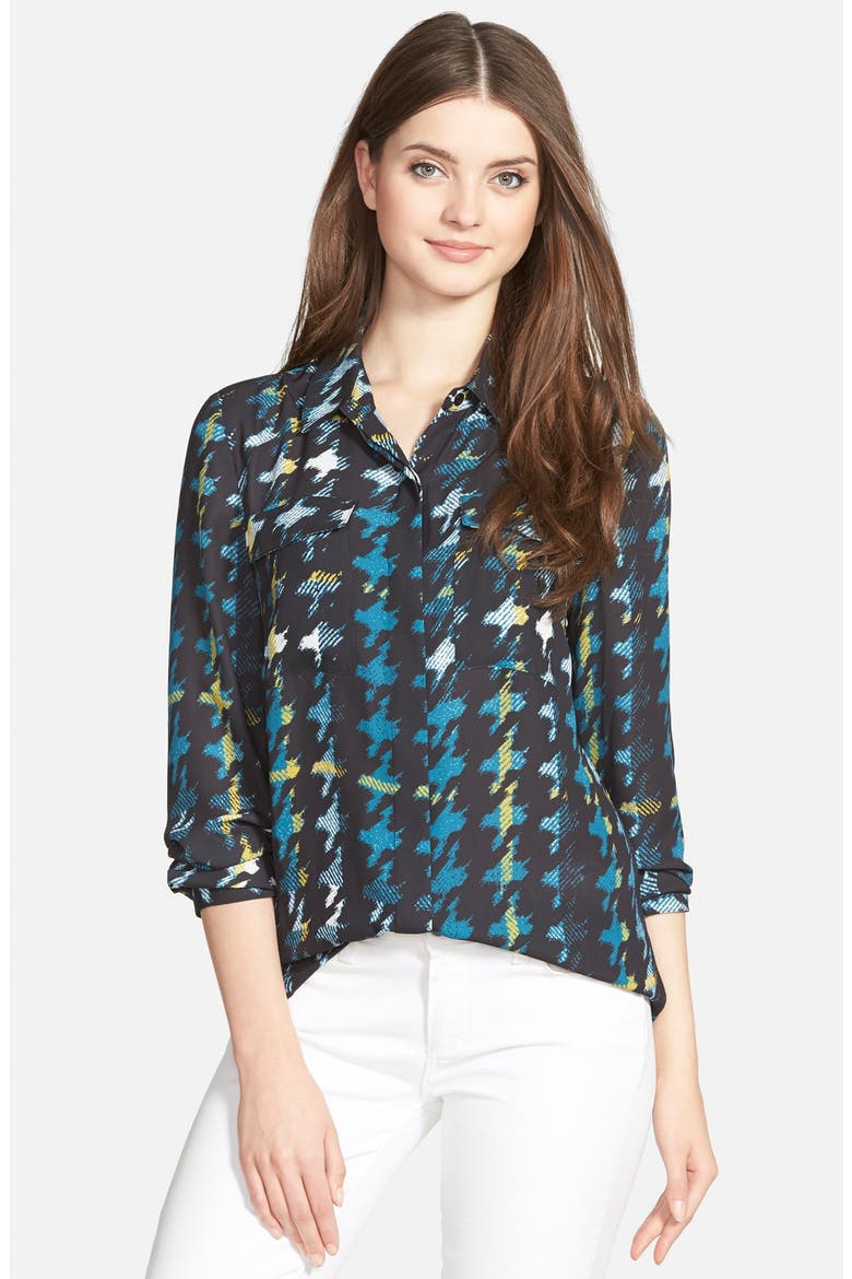 Pocket Front Print Blouse, Main, color, TEAL- YELLOW FRESCO PLAID