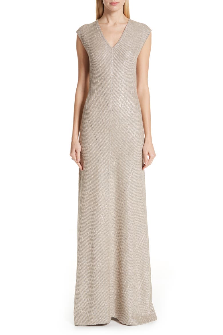Brielle Knit V-Neck Gown, Main, color, DARK KHAKI/ GOLD