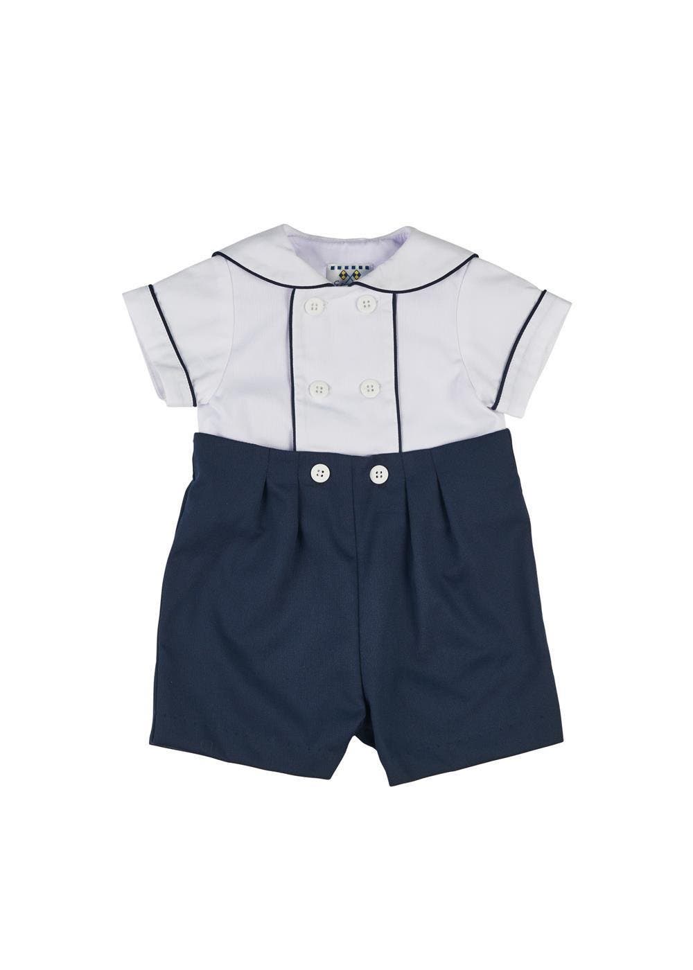 Florence Eiseman Navy Pique Button On Shortall In Blue