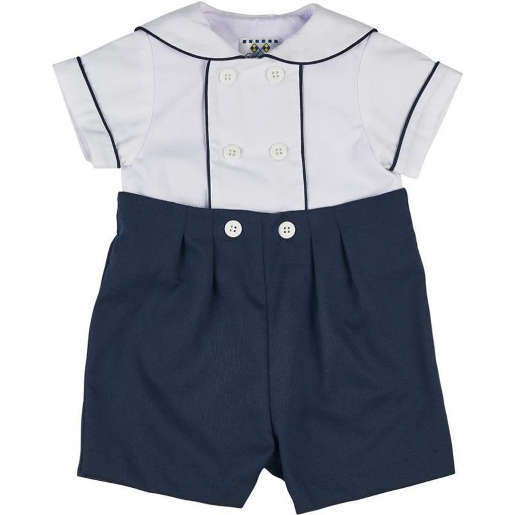 Florence Eiseman Navy Pique Button On Shortall In Multi
