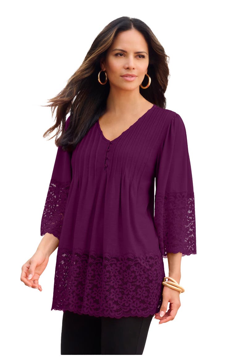Lace Hem Pintuck Tunic, Main, color, DARK BERRY