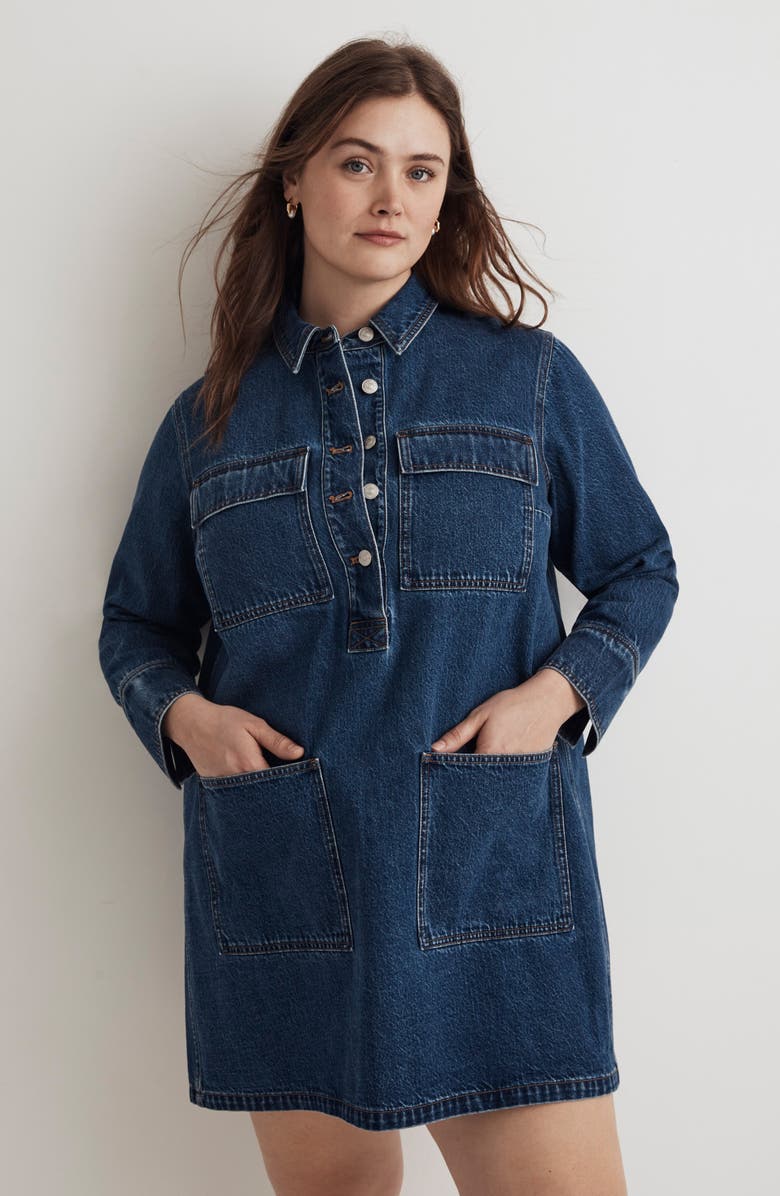 Madewell Denim Popover Mini Shirtdress, Alternate, color, Sennett Wash