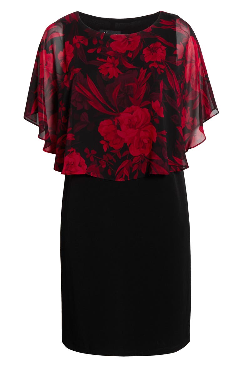 Floral Cape Bodice Dress, Alternate, color, RUBY