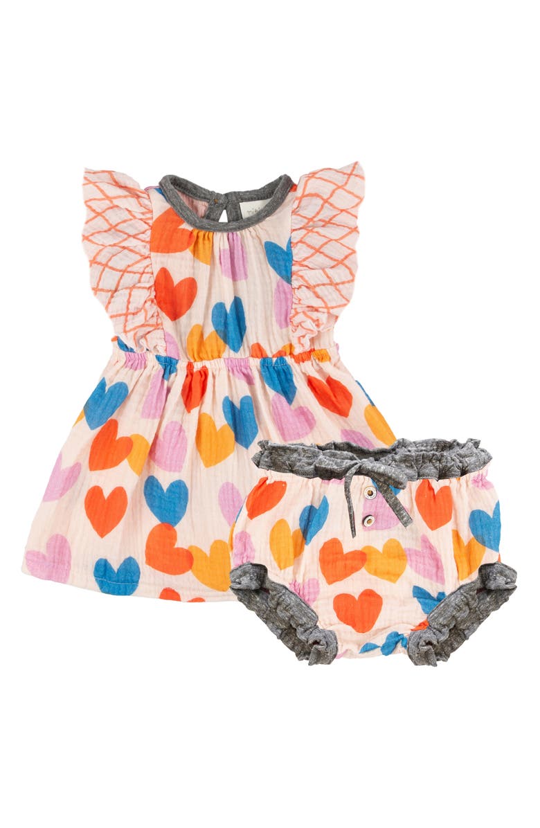 Miki Miette Heart Ruffle Short Sleeve Cotton Dress & Bloomers, Main, color, 