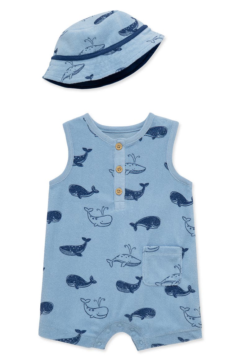 Whale Print Terry Romper & Sun Hat Set, Main, color, BLUE