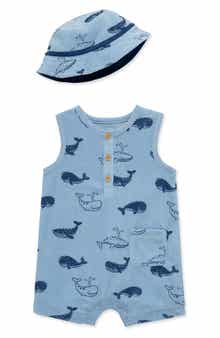Little Me Whale Print Terry Romper & Sun Hat Set