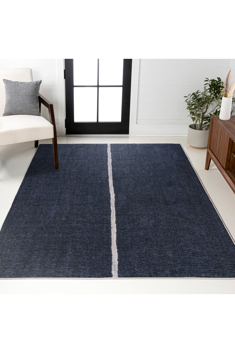 Linja Solid Centre Stripe Machine-Washable Area Rug, Alternate, color, Navy/Gray