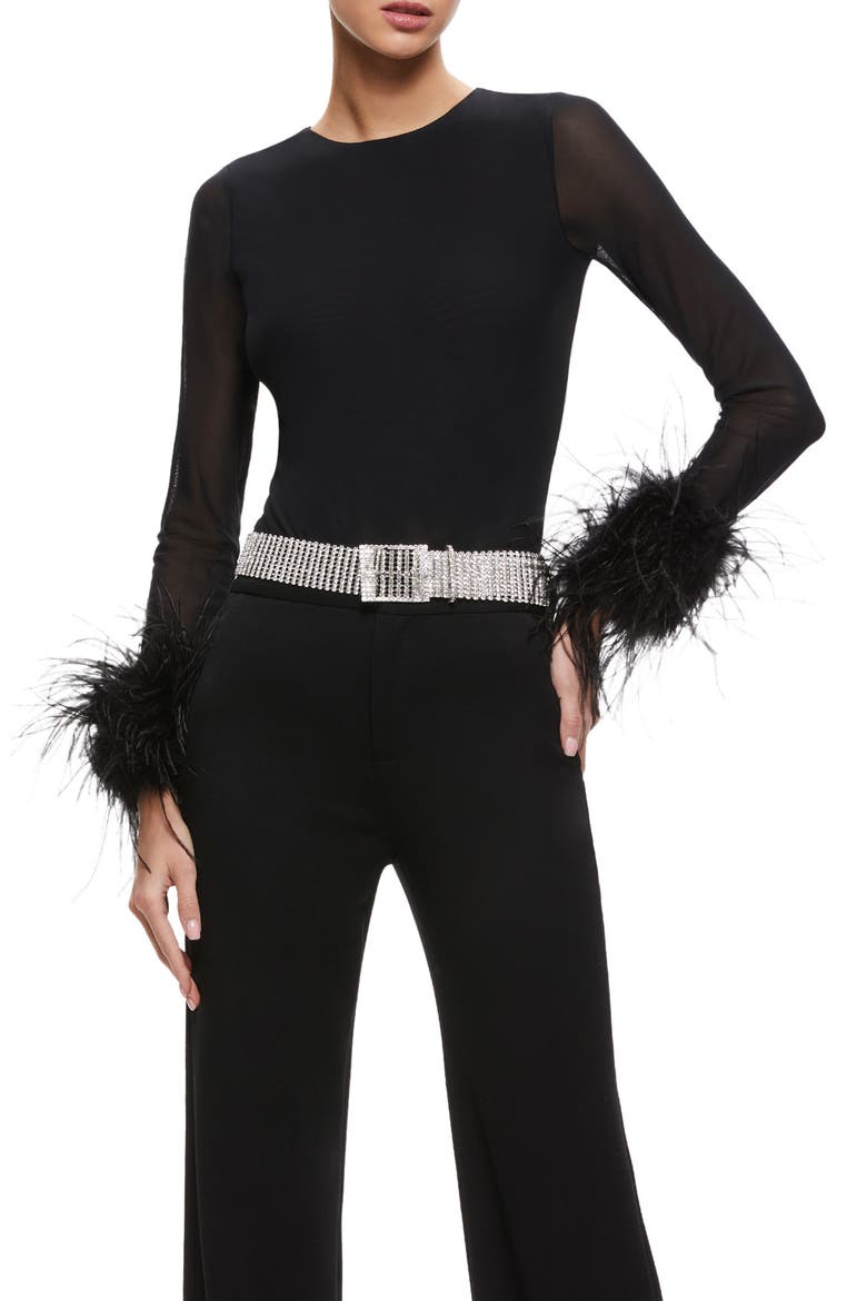 Delaina Feather Cuff Mixed Media Top, Main, color, BLACK