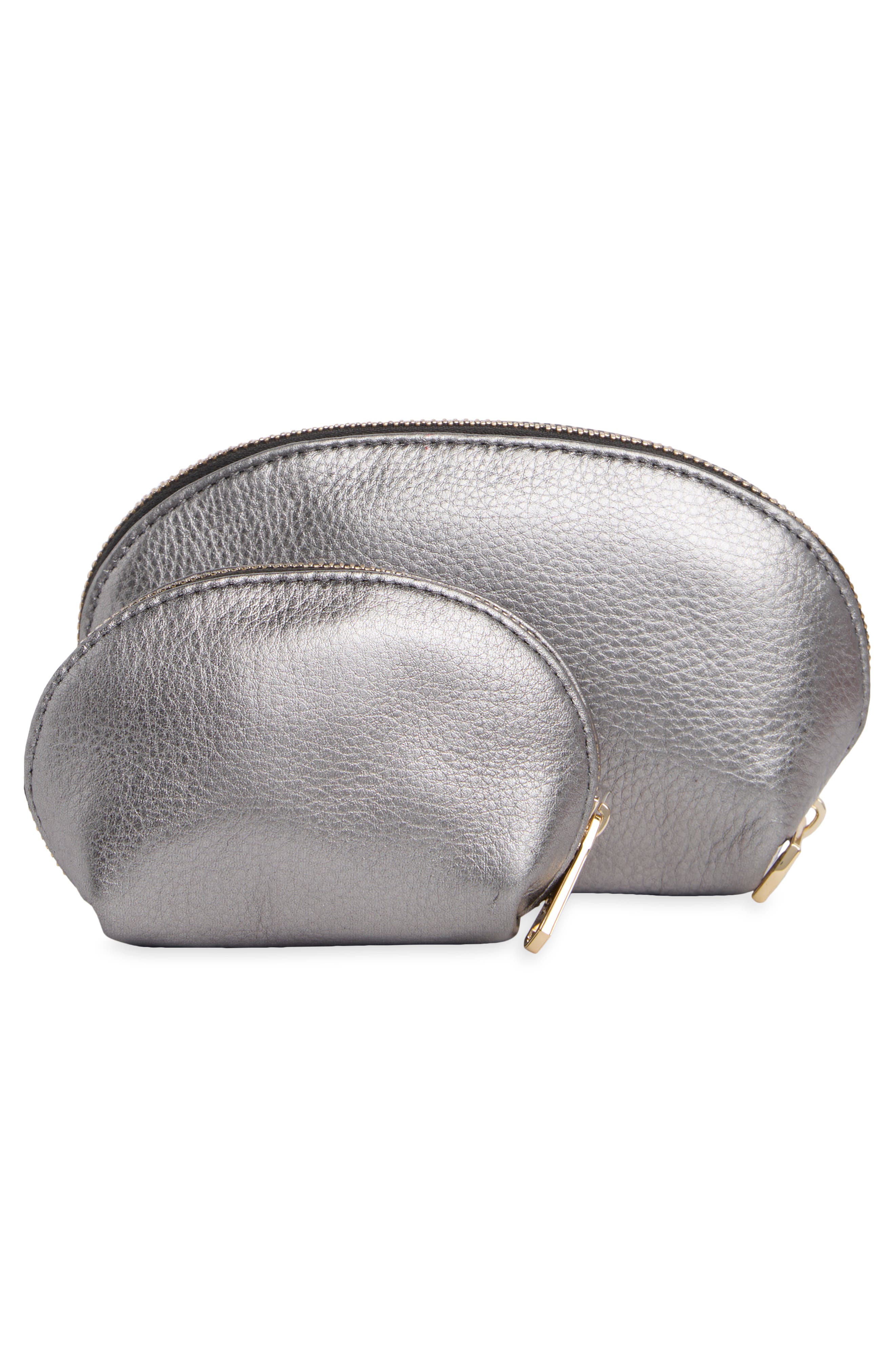 Set of 2 Metallic Leather Zip Pouches, Alternate, color, PEWTER METALLIC