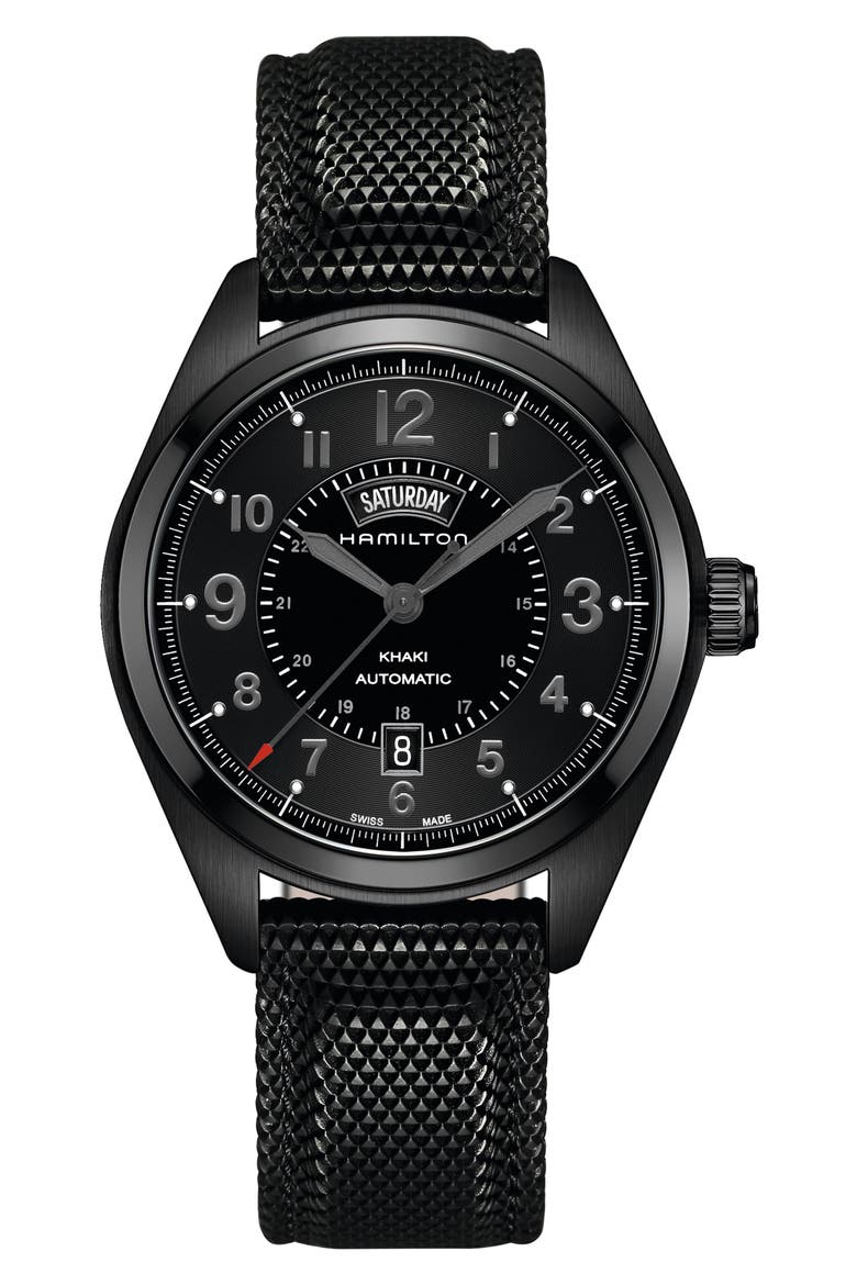 Khaki Field Automatic Silicone Strap Watch, 42mm, Main, color, BLACK