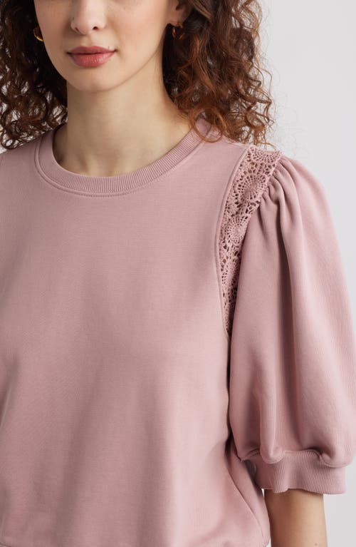 Treasure & Bond Lace Inset Puff Sleeve Crop Sweatshirt In Pink Timber