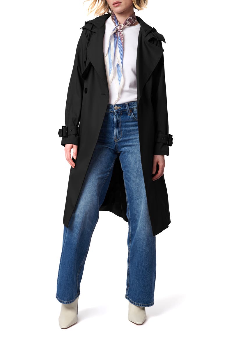 Double Breasted Hooded Trench Coat, Main, color, BLACK
