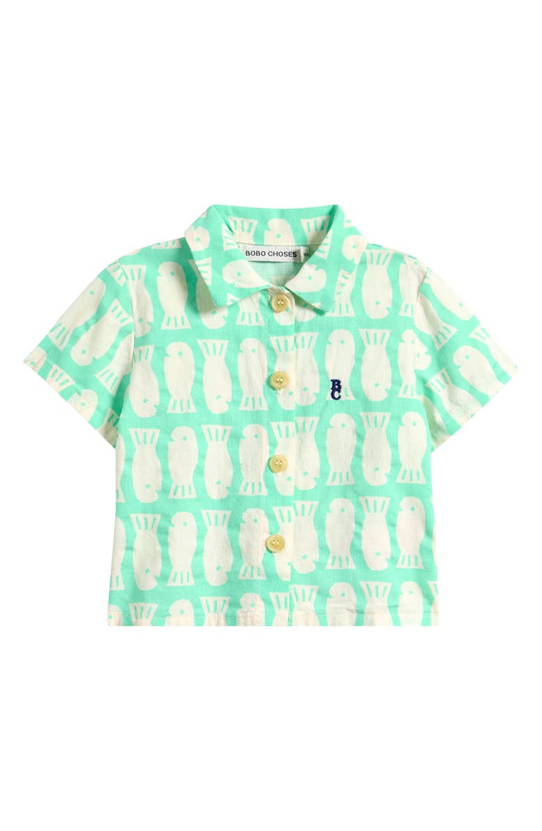 Bobo Choses Lucky Fish Short Sleeve Organic Cotton Button-Up Shirt, Main, color, Light Green