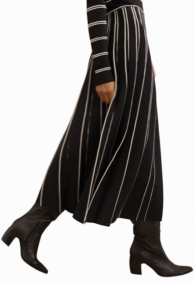 Reiss Amber Stripe Pleated Long Sleeve Midi Dress, Alternate, color, Black/ Ivory