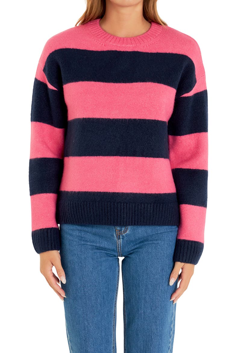 Bold Stripe Crewneck Sweater, Alternate, color, PINK/ NAVY