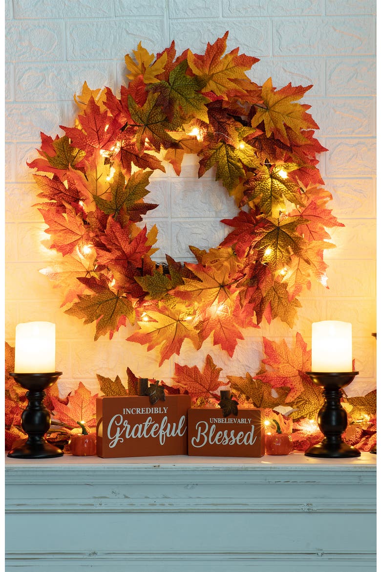 24"D Fall Lighted Maple Leaves Wreath with timer, Alternate, color, Orange