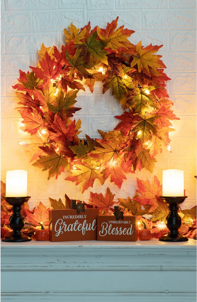 Glitzhome 24"D Fall Lighted Maple Leaves Wreath with timer, Alternate, color, Orange