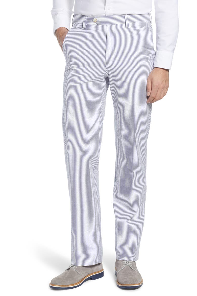 Flat Front Stripe Cotton Seersucker Pants, Main, color, BLUE