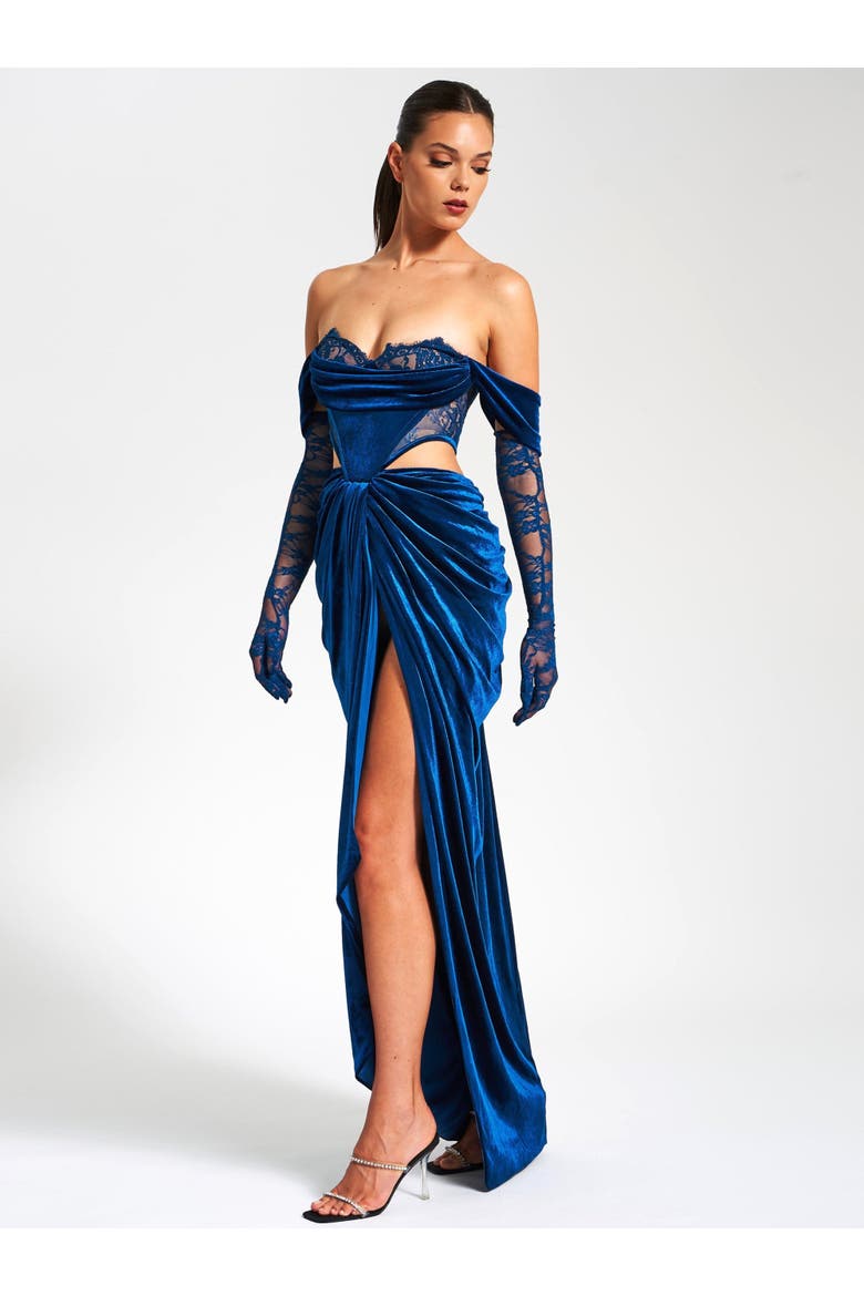 Quintesa Cutout Lace Velvet Off Shoulder Gown, Alternate, color, Blue