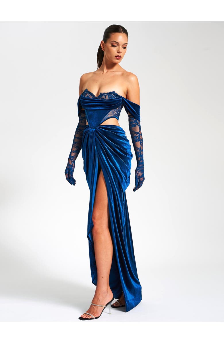 Miss Circle Quintesa Cutout Lace Velvet Off Shoulder Gown, Alternate, color, Blue