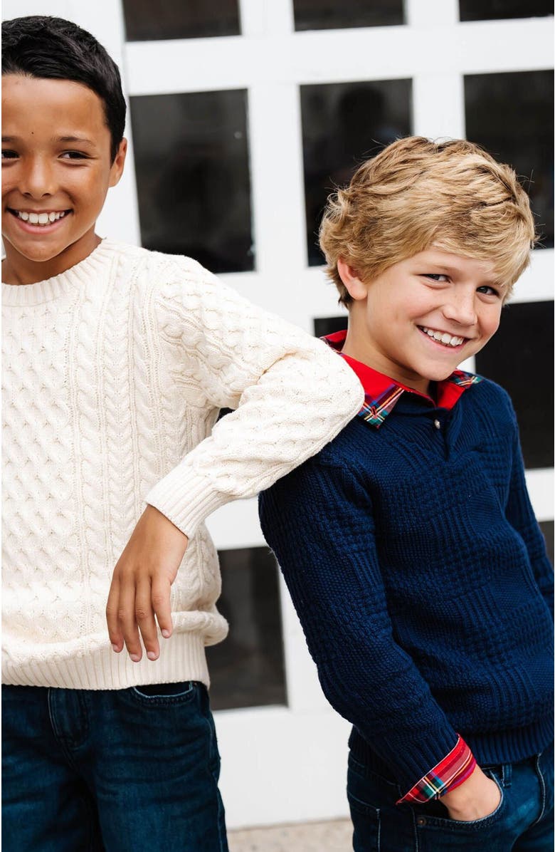 Hope & Henry Boys' Organic Textured Shawl Collar Sweater, Kids, Alternate, color, Navy Glen Plaid Texture