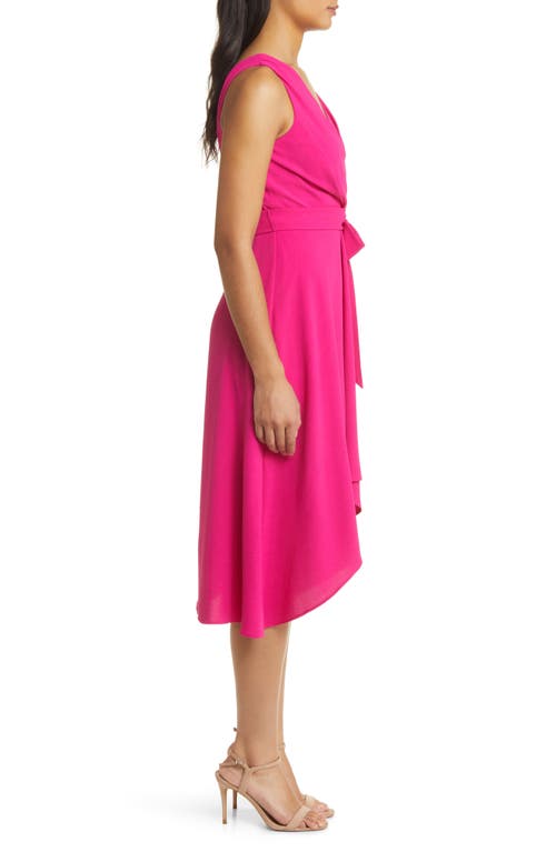 Connected Apparel Tie Belt Faux Wrap High-low Dress In Bright Fuchsia