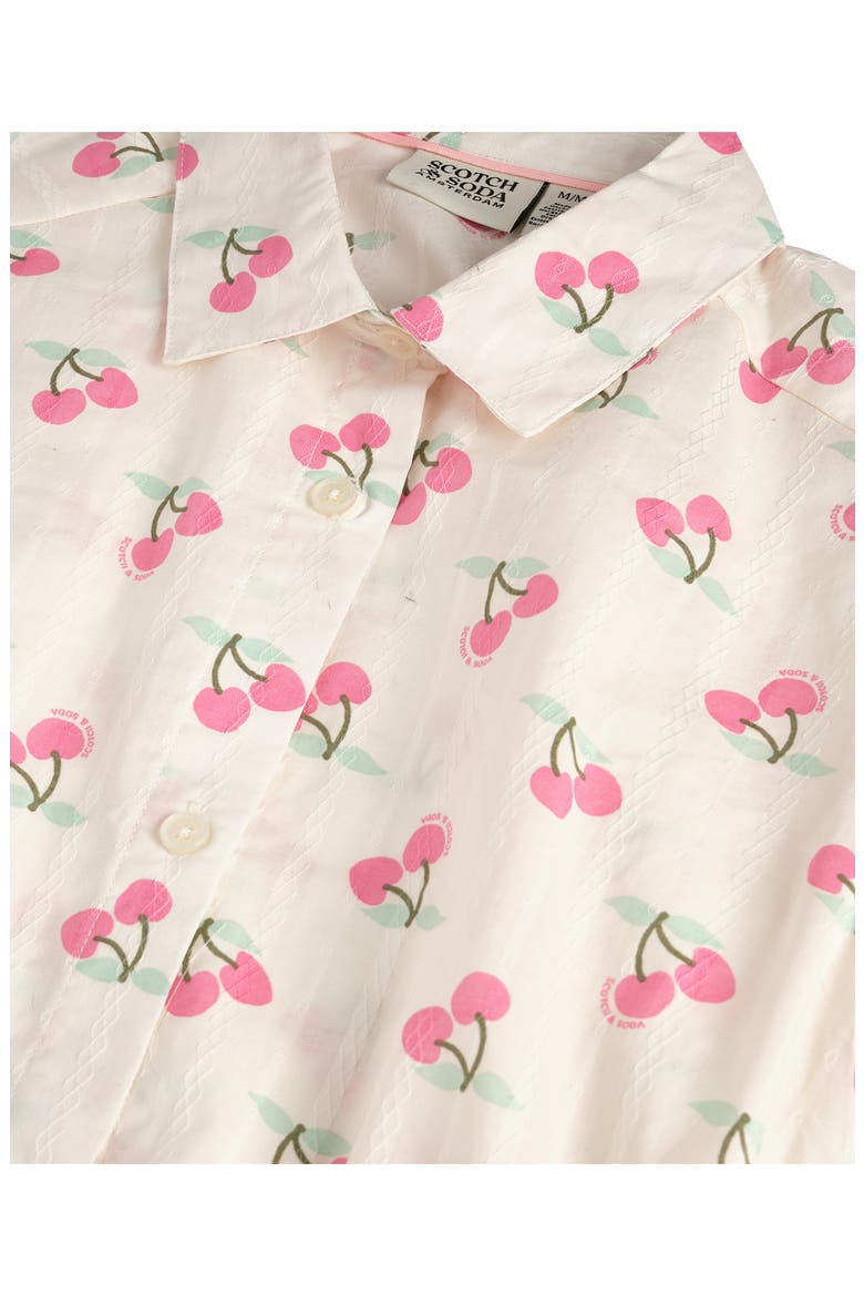 Kids' Cherry Stripe Short Sleeve Button-Up Shirt & Denim Skirt Set, Alternate, color, EGGNOG