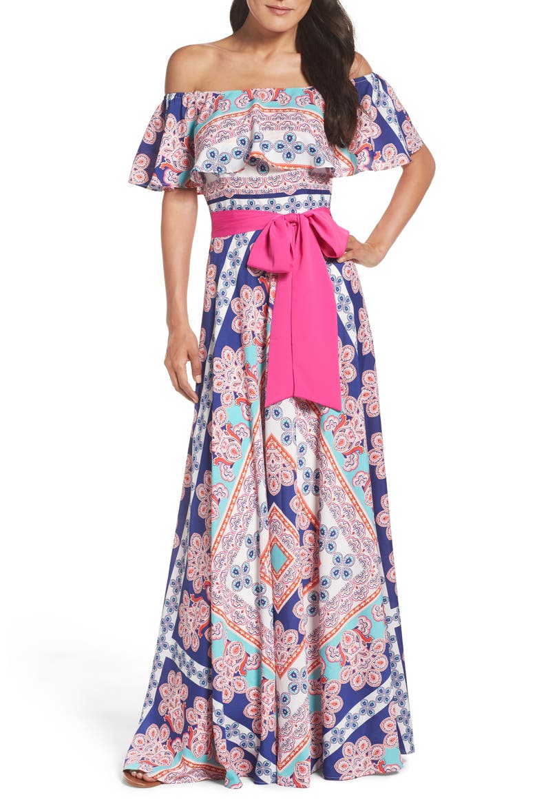 Off the Shoulder Maxi Dress, Main, color, ORANGE/ NAVY