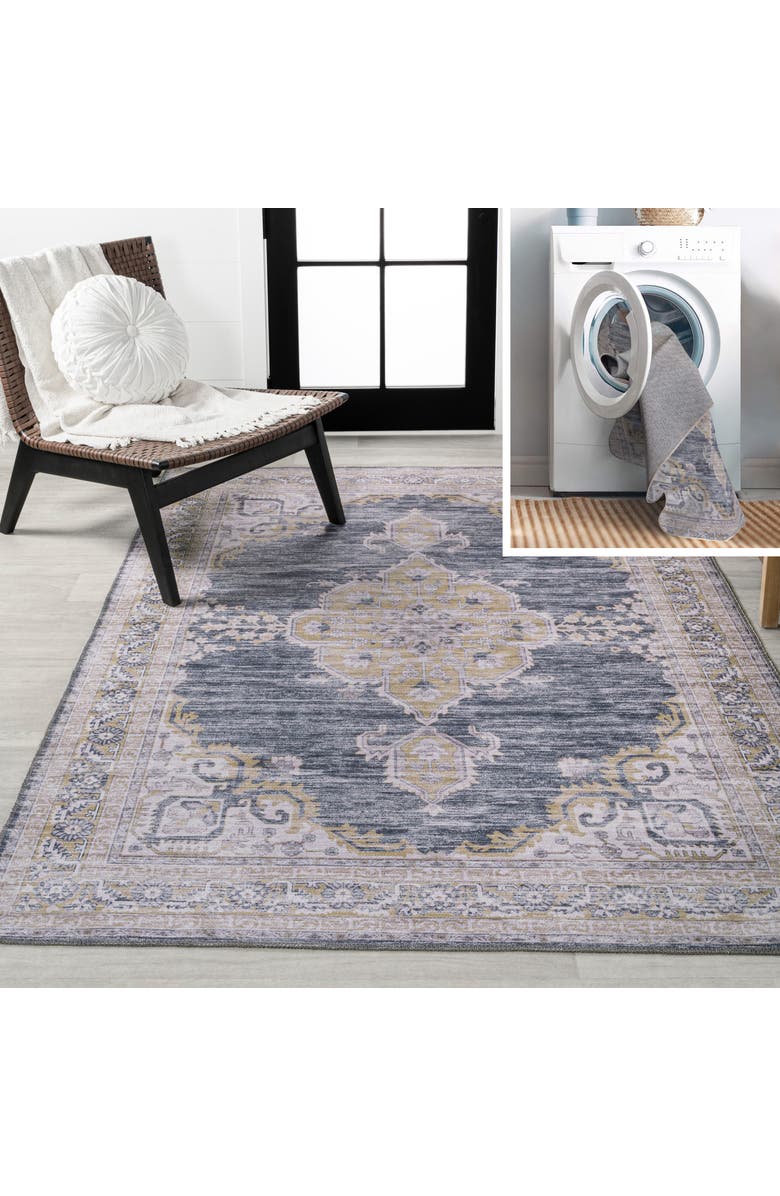JONATHAN Y Wincer Chenille Cottage Medallion Machine-Washable Area Rug, Main, color, Dark Gray/Yellow