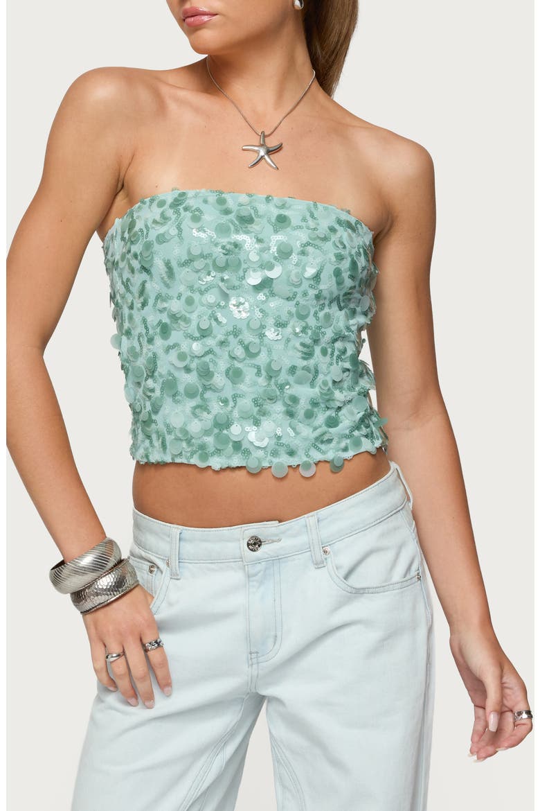Brynn Paillette Strapless Crop Top, Main, color, SAGE