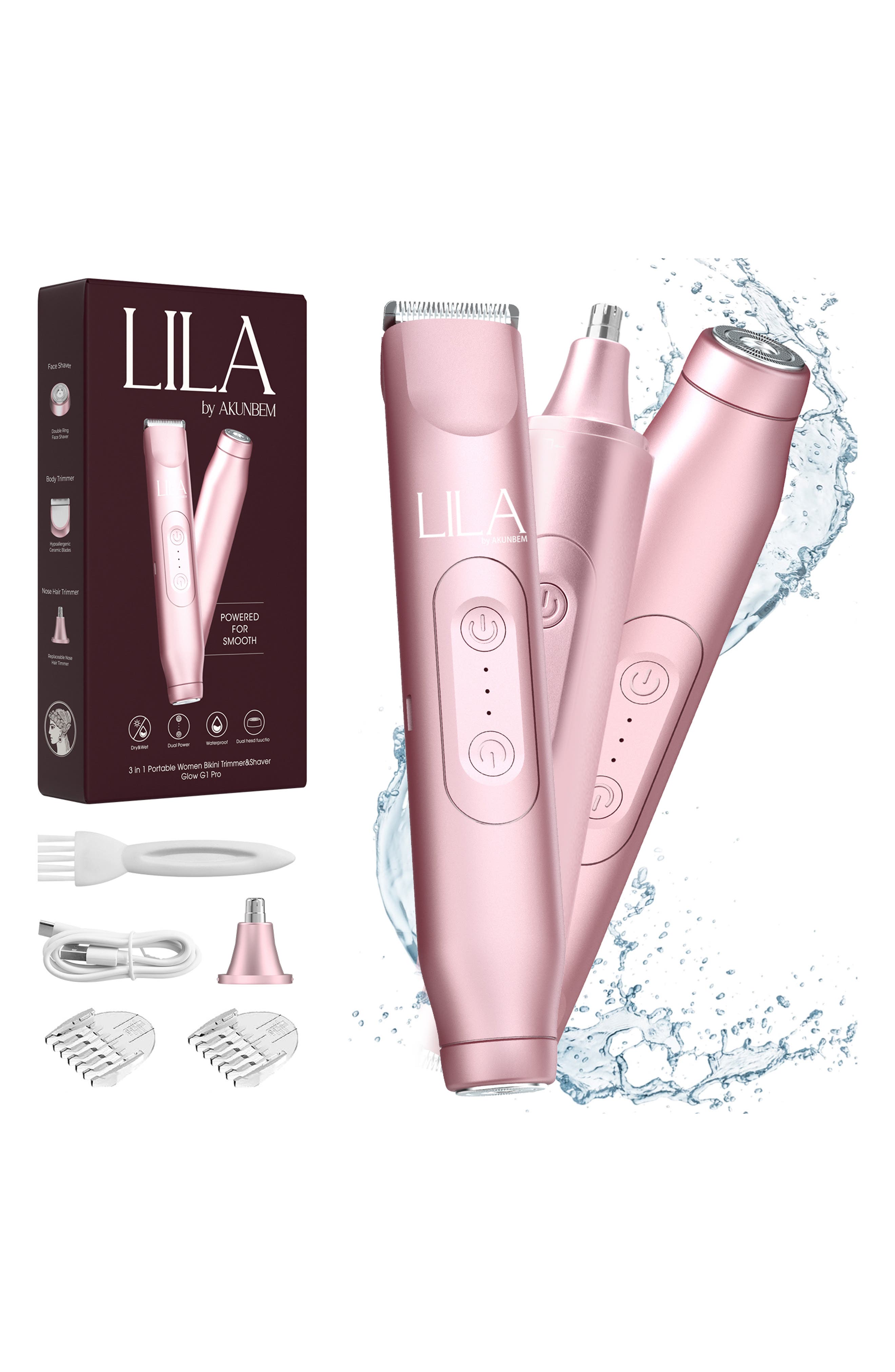 LILA BY AKUNBEM Glow G1 Pro 3-in-1 Bikini & Nose Hair Trimmer & Facial Shaver