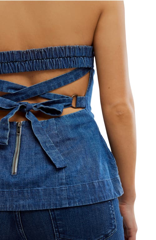 Free People Lora Lace-up Denim Tube Top In Blue