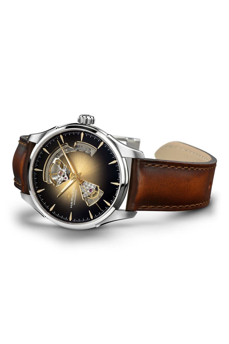 Jazzmaster Open Heart Automatic Leather Strap Watch, 40mm, Alternate, color, GOLD