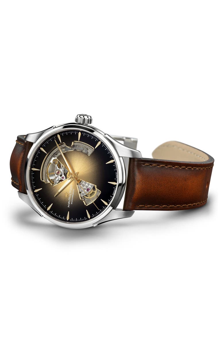 Hamilton Jazzmaster Open Heart Automatic Leather Strap Watch, 40mm, Alternate, color, Gold