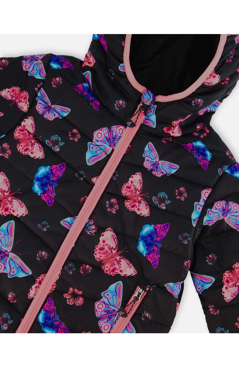 Deux par Deux Little Girl's Printed Quilted Mid-Season Jacket Multicolored Butterflies On Black Background, Alternate, color, 