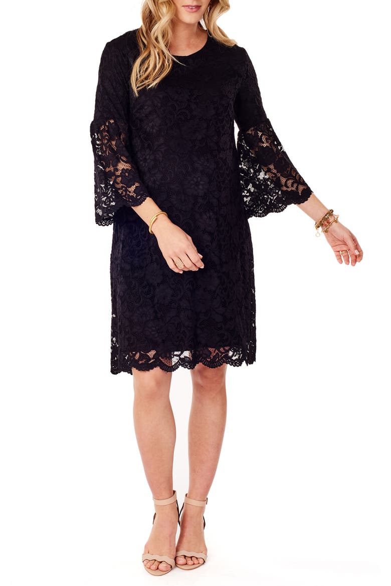 Ingrid & Isabel® Lace Bell Sleeve Maternity Dress, Alternate, color, JET BLACK