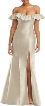 Alfred Sung Off the Shoulder Ruffle Satin Trumpet Gown