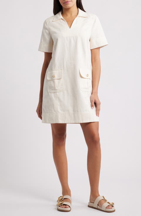 Utility Twill Short Sleeve Cotton & Linen Shift Dress
