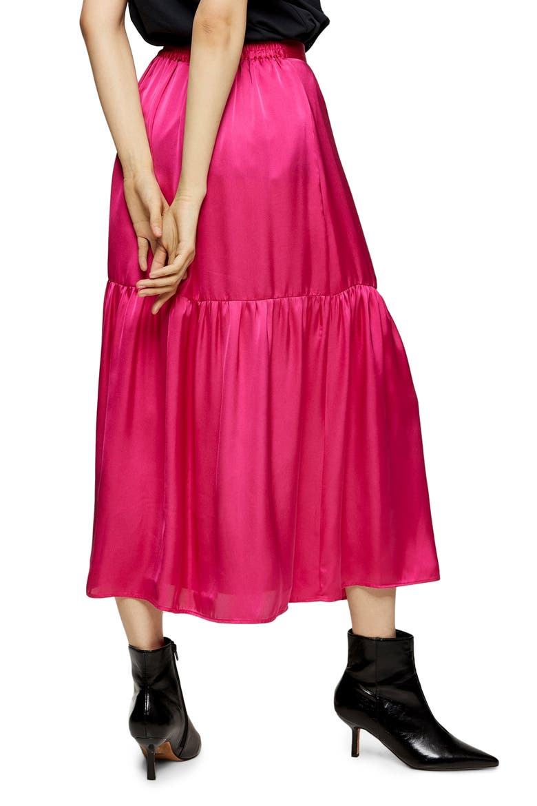 Satin Tiered Midi Skirt, Alternate, color, PINK