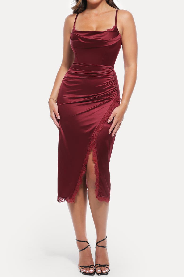 Resort-Ready Lace Trim Sculpting Floral-Print Midi Shaper Dress, Main, color, Mahogany Red