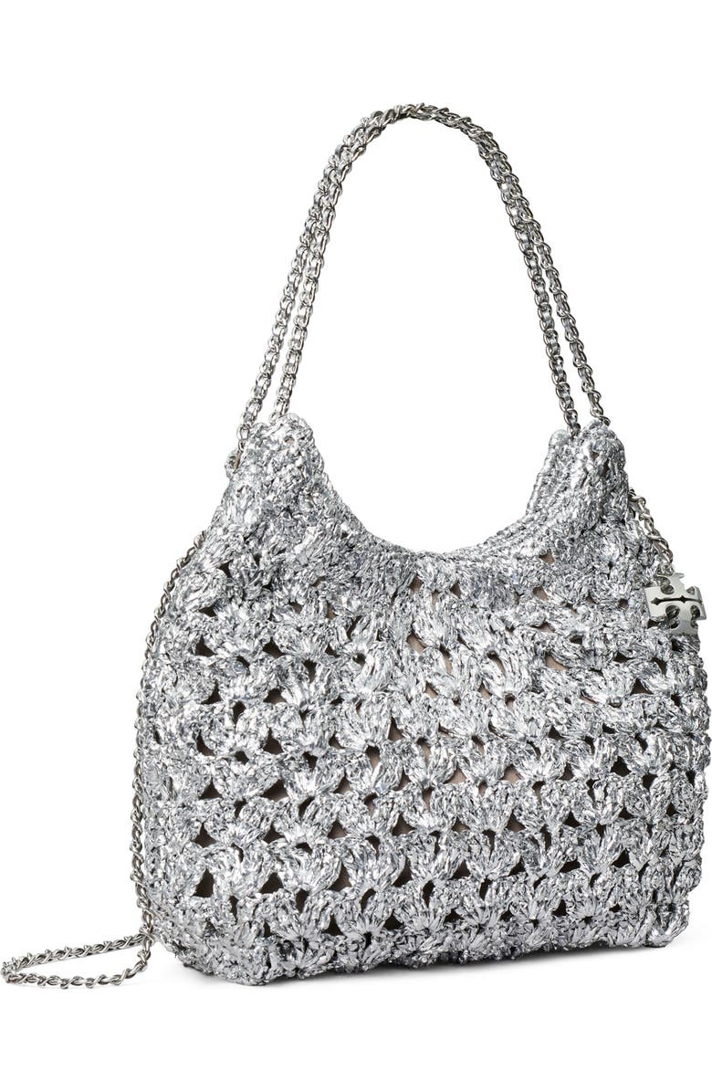 Tory Burch Fleming Metallic Woven Mini Hobo Bag, Alternate, color, Silver