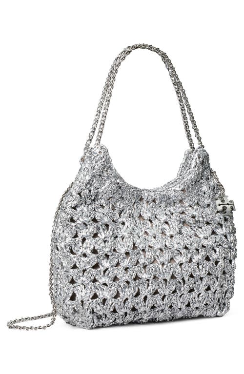 Tory Burch Fleming Metallic Woven Mini Hobo Bag In Silver